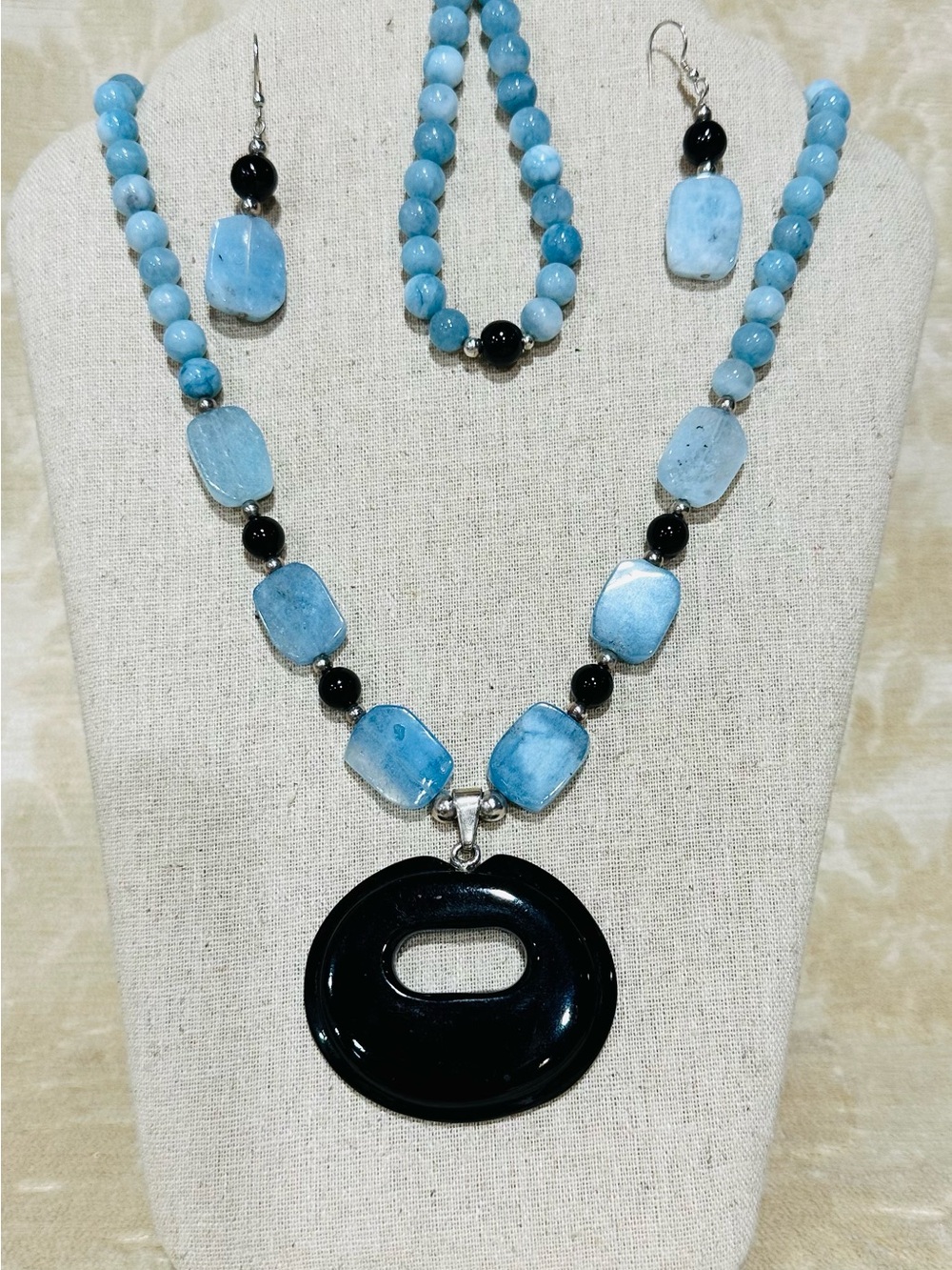Handmade Blue Jade Necklace & Earring Set with Black Pendant